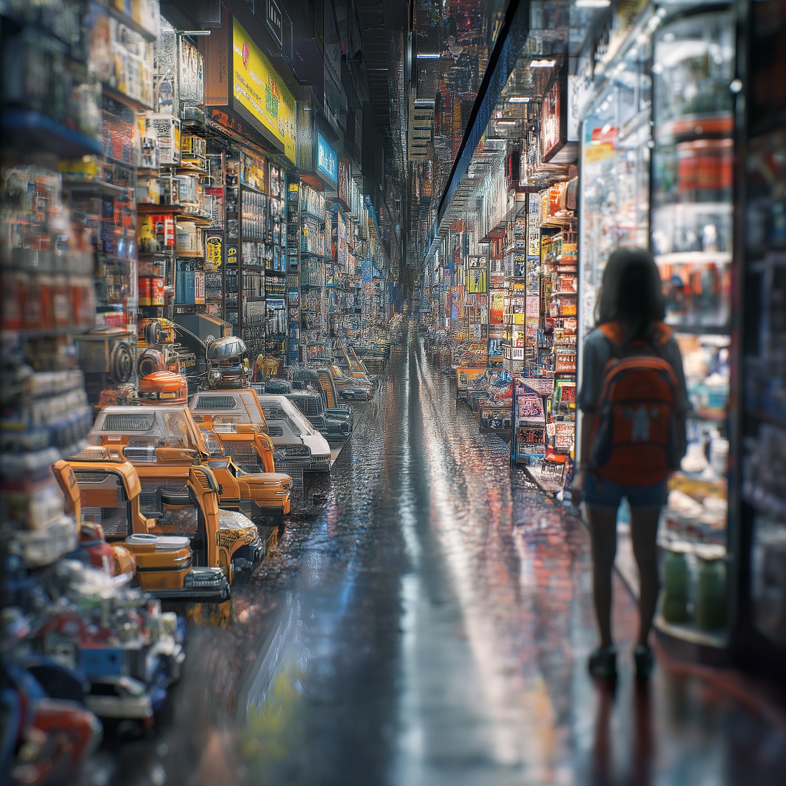 An illustration of tiny robots representing popular companies preying on a vulnerable individual, symbolizing predatory commerce.